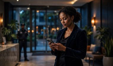 An elegant woman checks her phone in a lobby with a security guard nearby.