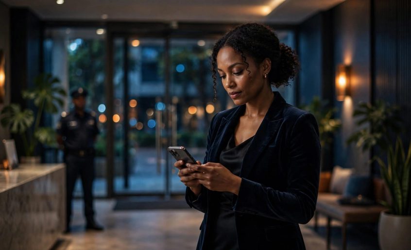 An elegant woman checks her phone in a lobby with a security guard nearby.