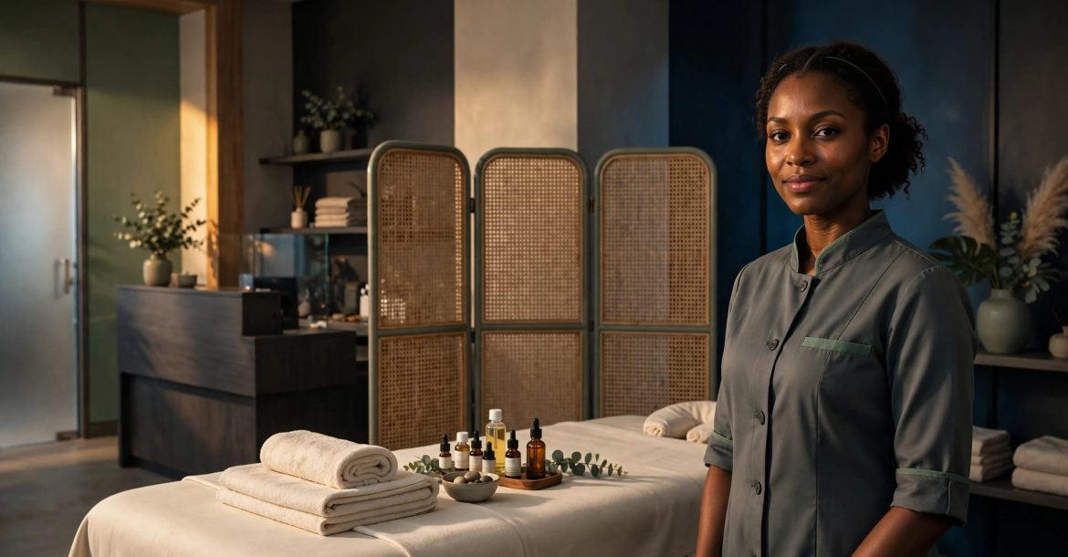 Female therapist beside a prepared massage table in a warm, welcoming spa.
