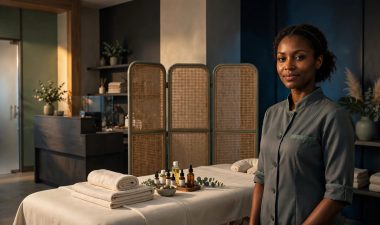 Female therapist beside a prepared massage table in a warm, welcoming spa.