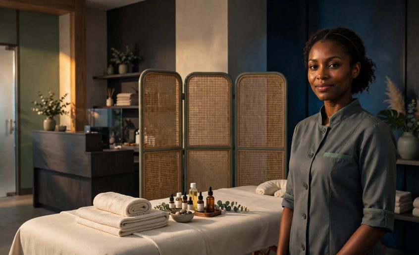 Female therapist beside a prepared massage table in a warm, welcoming spa.
