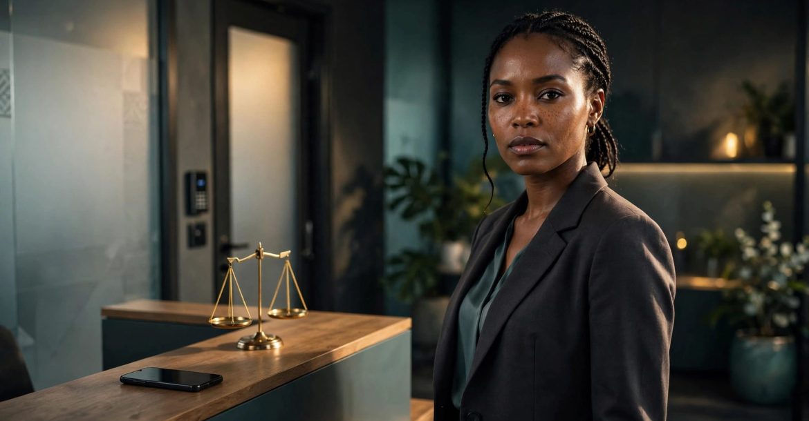 A woman in a blazer stands by a reception desk with a phone and balanced scales.
