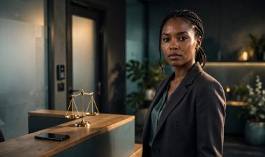 A woman in a blazer stands by a reception desk with a phone and balanced scales.