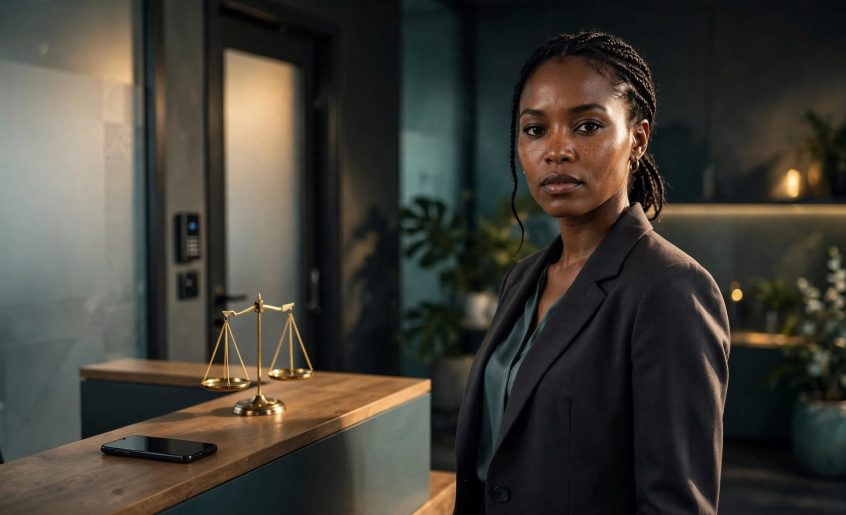 A woman in a blazer stands by a reception desk with a phone and balanced scales.