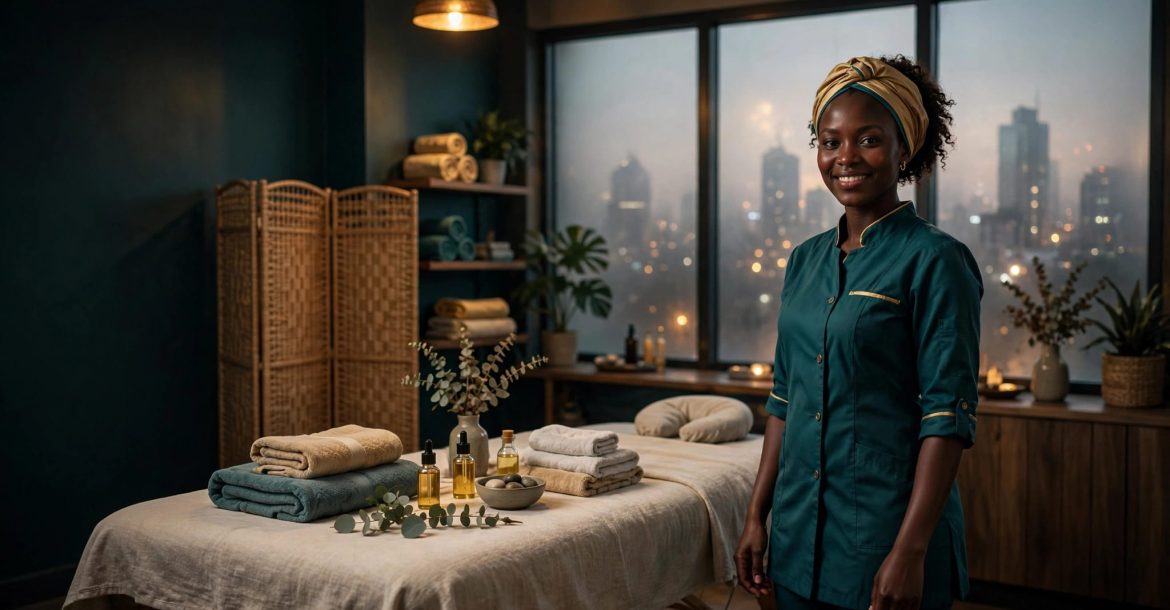 Massage therapist beside a prepared table in a warmly lit Nairobi wellness studio.