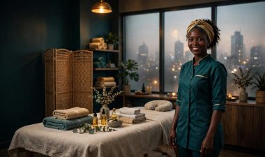 Massage therapist beside a prepared table in a warmly lit Nairobi wellness studio.