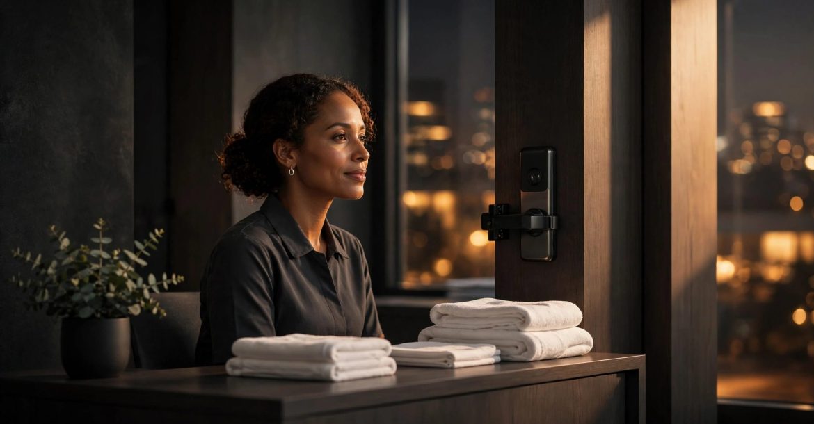 A massage professional consults at a spa desk beside folded linens and a privacy lock.