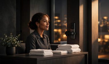 A massage professional consults at a spa desk beside folded linens and a privacy lock.