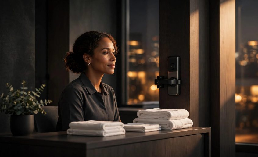 A massage professional consults at a spa desk beside folded linens and a privacy lock.