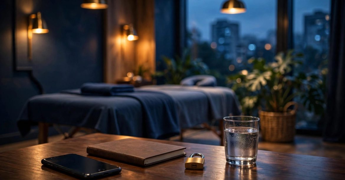A phone, notebook, padlock, and water glass sit on a table in a softly lit studio.