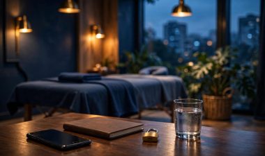 A phone, notebook, padlock, and water glass sit on a table in a softly lit studio.