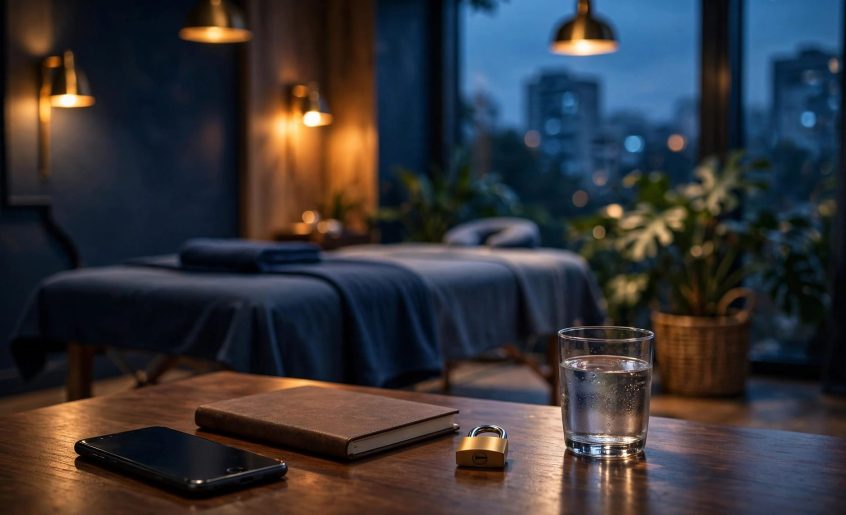 A phone, notebook, padlock, and water glass sit on a table in a softly lit studio.