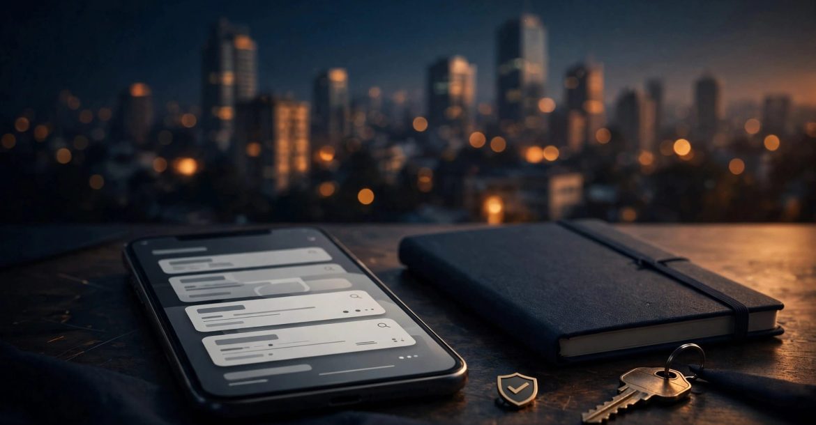 A phone, notebook, key, and safety symbol sit before Nairobi at dusk.