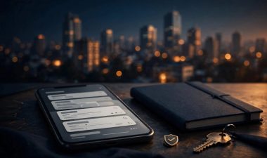 A phone, notebook, key, and safety symbol sit before Nairobi at dusk.