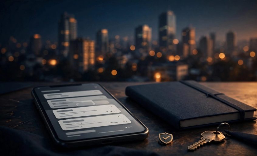 A phone, notebook, key, and safety symbol sit before Nairobi at dusk.