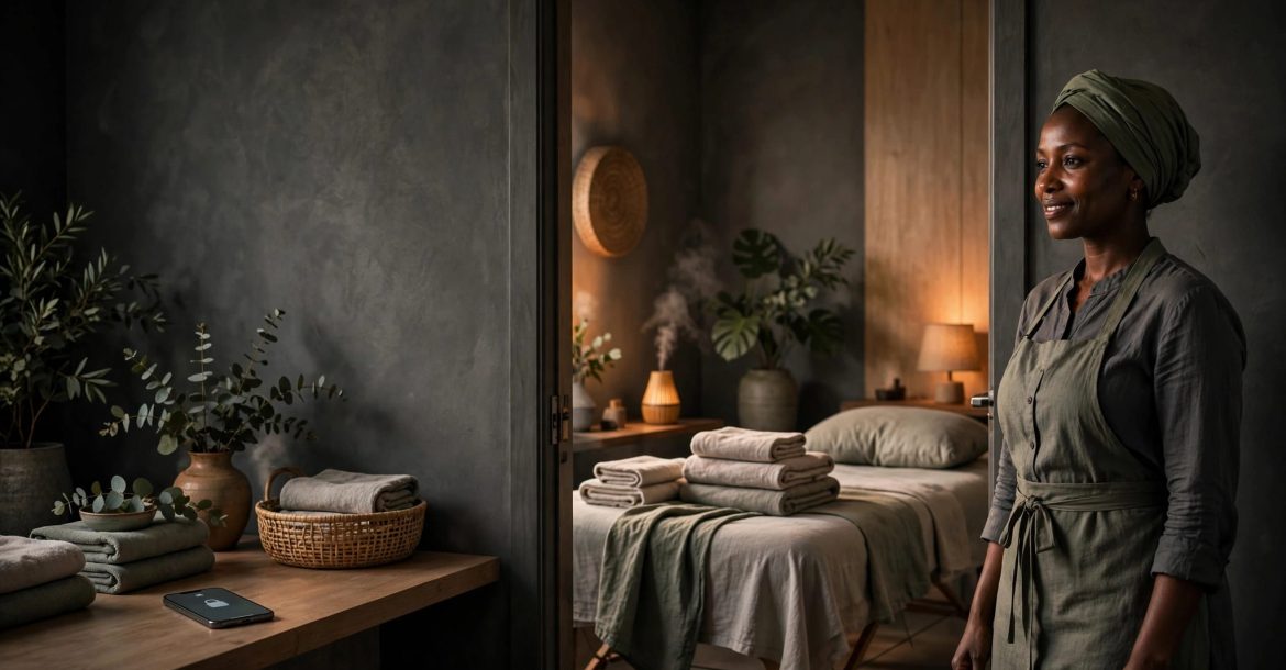 A massage therapist stands beside a tidy treatment room with towels and a privacy-locked phone.
