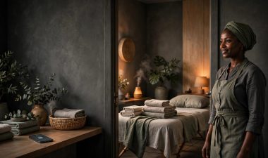 A massage therapist stands beside a tidy treatment room with towels and a privacy-locked phone.