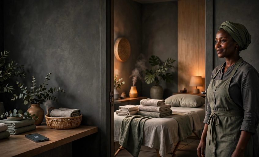 A massage therapist stands beside a tidy treatment room with towels and a privacy-locked phone.