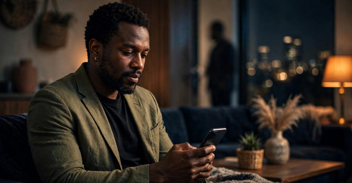 A man reviews his phone in a softly lit lounge with a blurred figure behind him.
