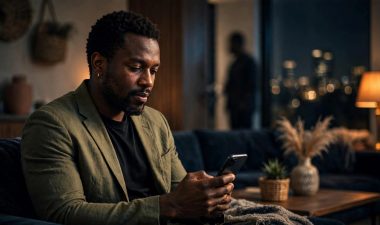 A man reviews his phone in a softly lit lounge with a blurred figure behind him.