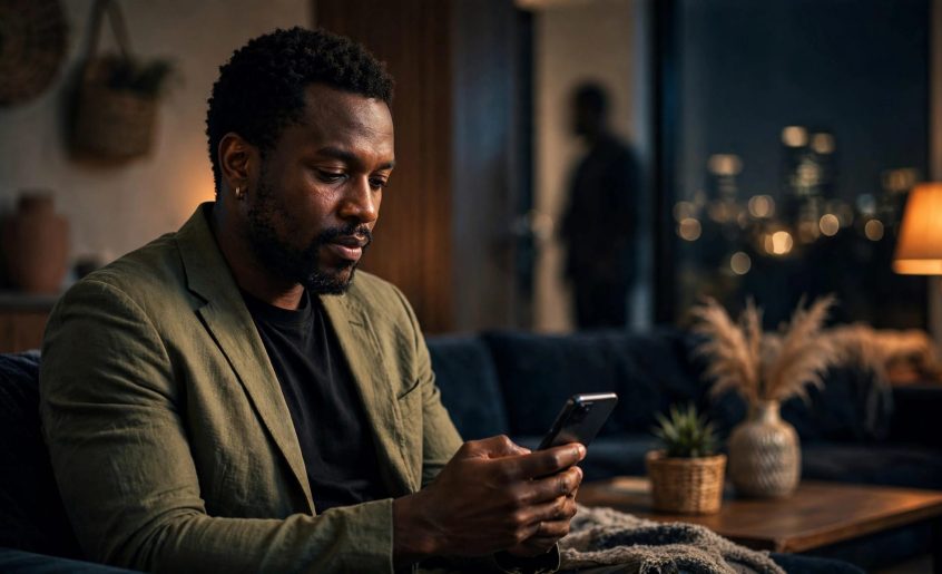 A man reviews his phone in a softly lit lounge with a blurred figure behind him.