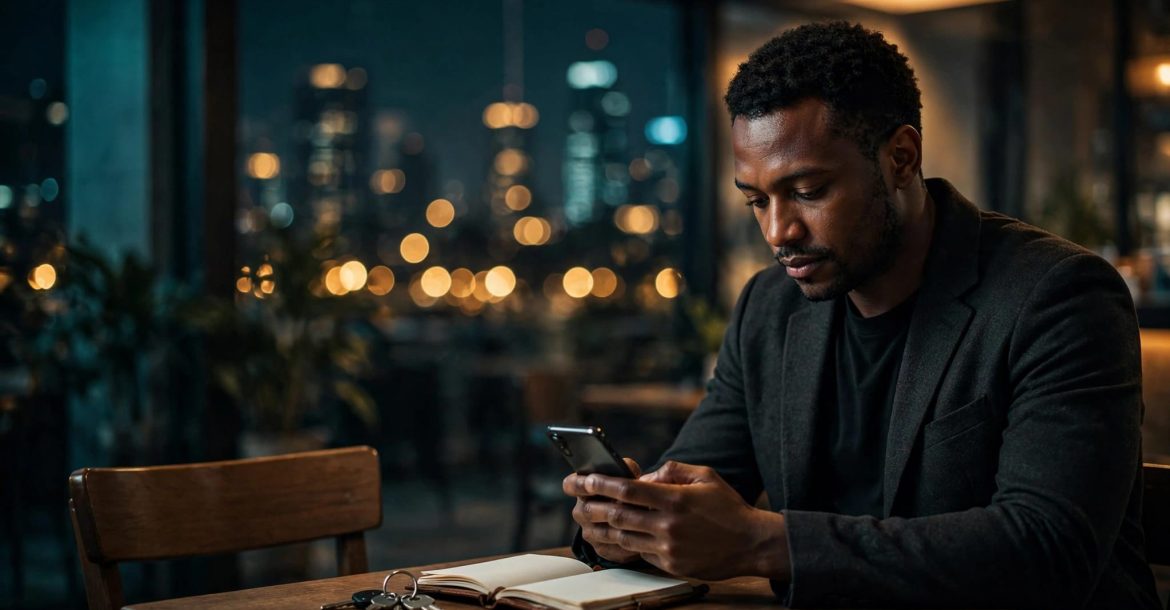 A man reviews his phone at a café table with a notebook and keys.