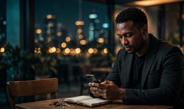 A man reviews his phone at a café table with a notebook and keys.
