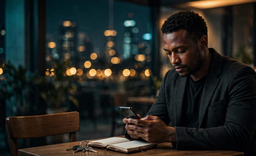 A man reviews his phone at a café table with a notebook and keys.