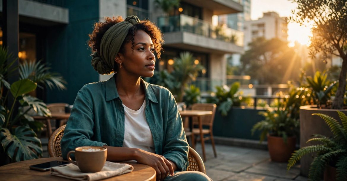 A woman sits with coffee and a phone on a Nairobi café terrace.