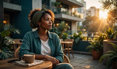 A woman sits with coffee and a phone on a Nairobi café terrace.