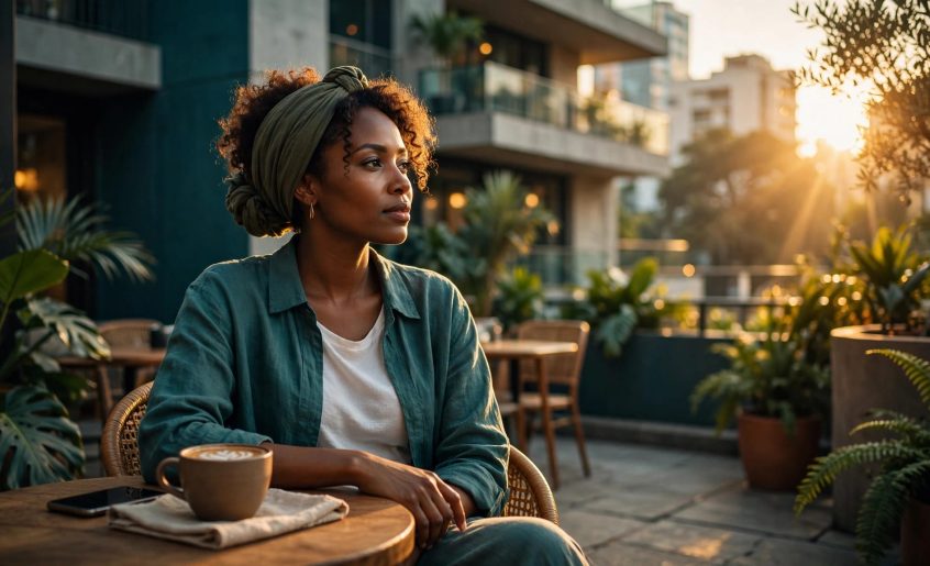 A woman sits with coffee and a phone on a Nairobi café terrace.