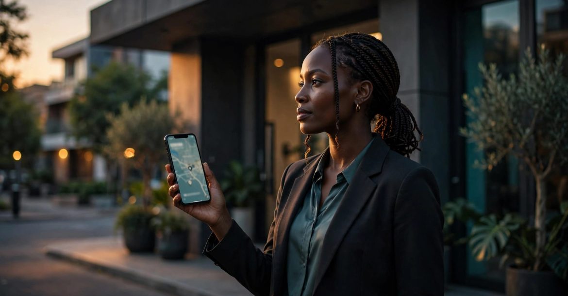 A woman stands outside a modern wellness studio with a phone at dusk.