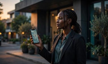 A woman stands outside a modern wellness studio with a phone at dusk.
