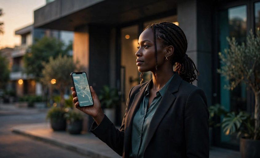 A woman stands outside a modern wellness studio with a phone at dusk.