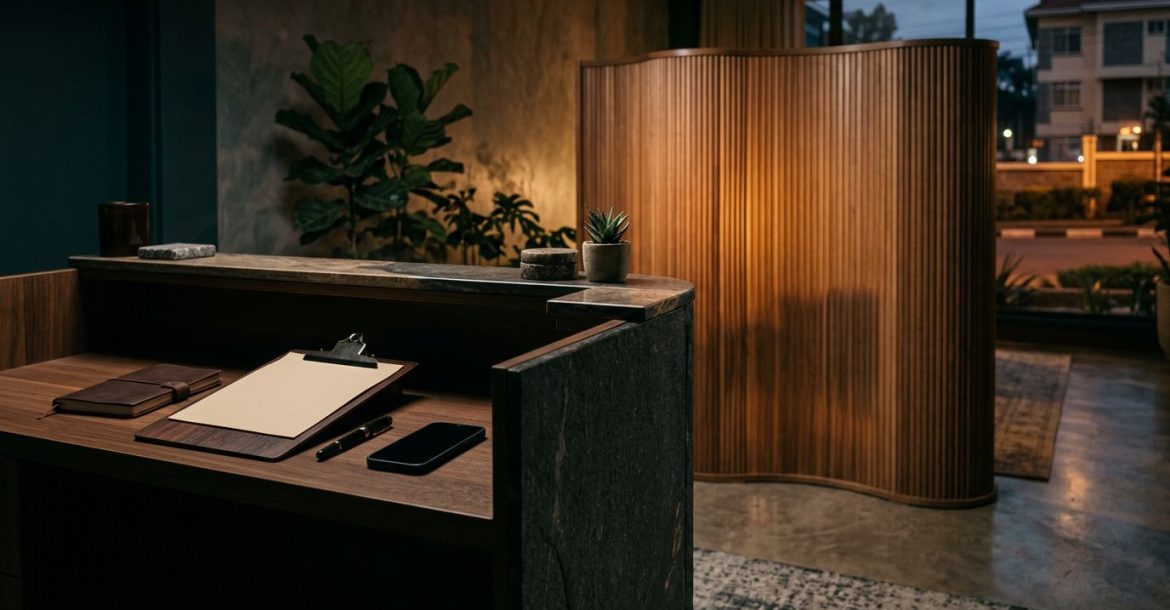 A booking clipboard and phone rest beside a privacy screen at a warmly lit reception.