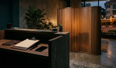 A booking clipboard and phone rest beside a privacy screen at a warmly lit reception.