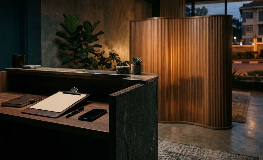 A booking clipboard and phone rest beside a privacy screen at a warmly lit reception.