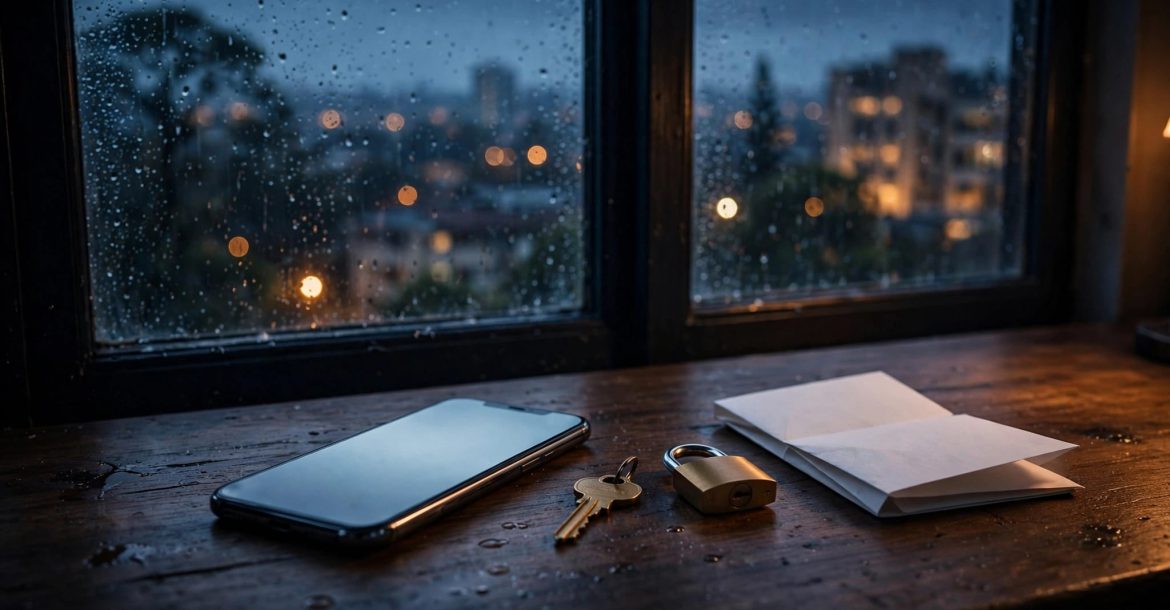 A glowing smartphone sits beside a key, padlock, and folded checklist near rainy windows.