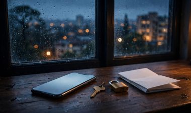 A glowing smartphone sits beside a key, padlock, and folded checklist near rainy windows.