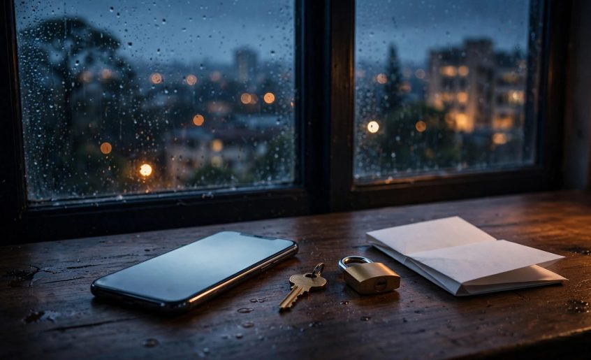 A glowing smartphone sits beside a key, padlock, and folded checklist near rainy windows.