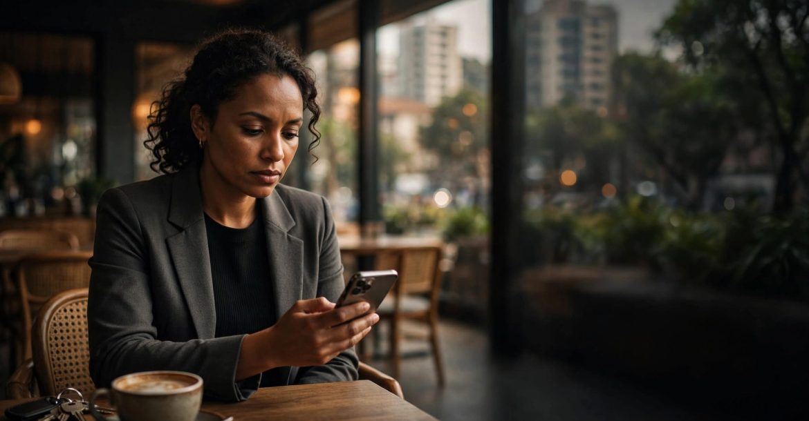 Woman checking her phone beside coffee and keys in a Nairobi café.