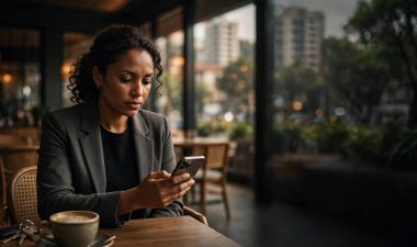 Woman checking her phone beside coffee and keys in a Nairobi café.