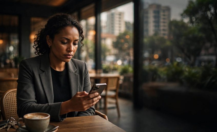 Woman checking her phone beside coffee and keys in a Nairobi café.