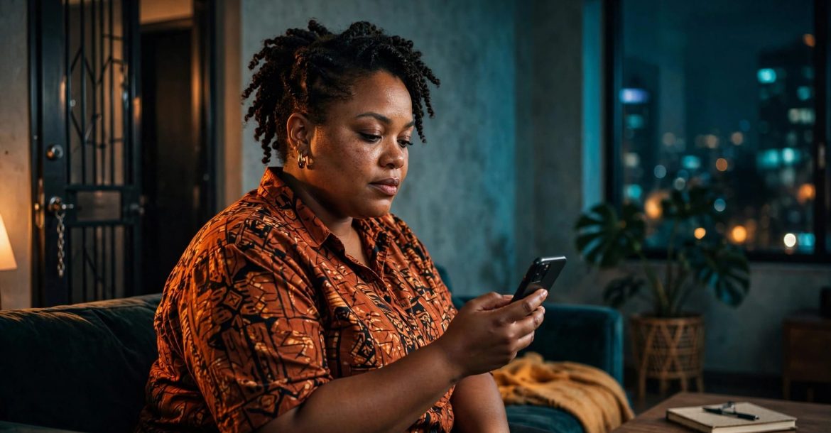 Plus-size woman reviewing a phone beside a notebook in a warmly lit apartment.