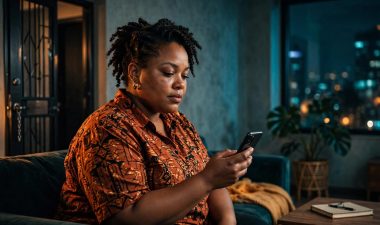 Plus-size woman reviewing a phone beside a notebook in a warmly lit apartment.