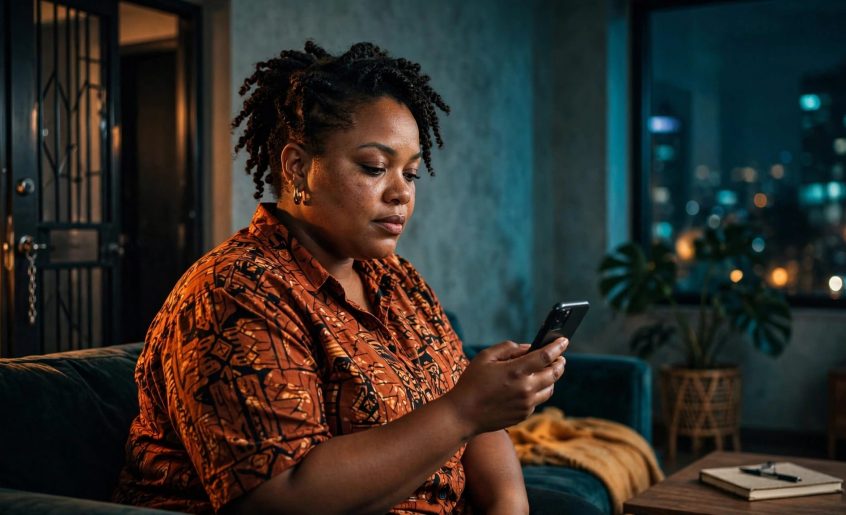 Plus-size woman reviewing a phone beside a notebook in a warmly lit apartment.
