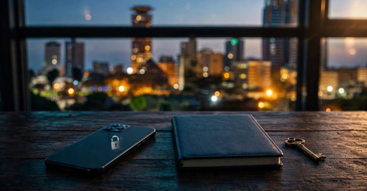A phone, closed notebook, and brass key sit on a table by blurred city lights.