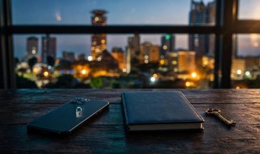 A phone, closed notebook, and brass key sit on a table by blurred city lights.