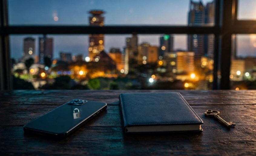 A phone, closed notebook, and brass key sit on a table by blurred city lights.