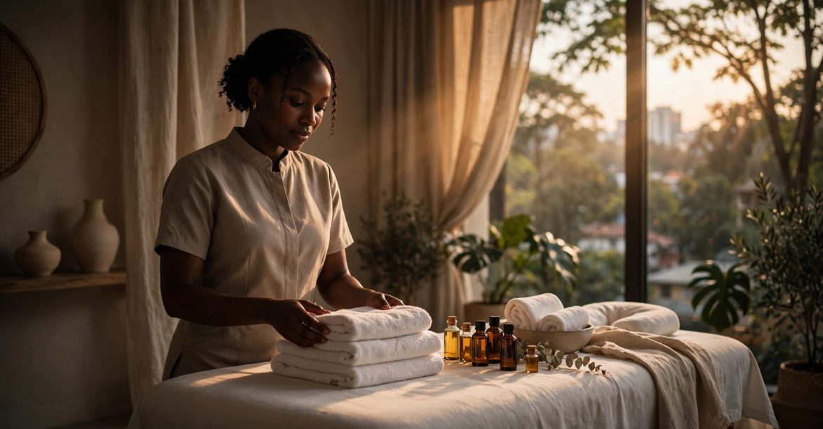 Therapist arranging towels and massage oils beside a spa treatment table.